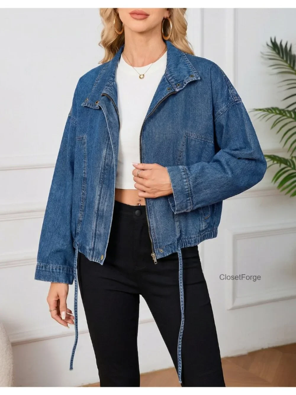 Oversized Boyfriend Denim Bomber Jacket Long Sleeve Zip Up Shacket